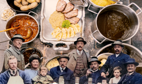 Eine Collage aus Kochtöpfen und Lebensmitteln